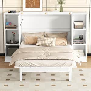 White Wood Frame Queen Size Murphy Bed with USB Charging Station, Drawers, Storage Shelves