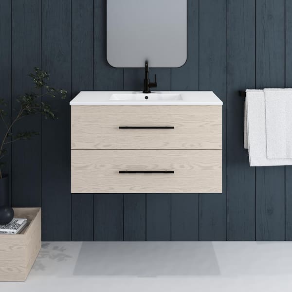 VOLPA USA AMERICAN CRAFTED VANITIES Napa 32 in. W. x 18 in. D Single Sink Bathroom Vanity Wall Mounted in Natural Oak with Ceramic Integrated Countertop