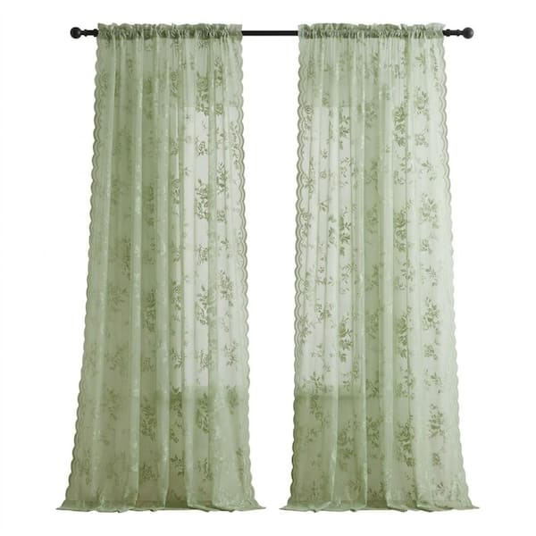 Green Lace 52 in. W x 72 in. L Rustic Floral Printed Light Filtering Curtain (Set of 2 Panels)