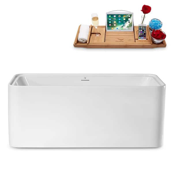Streamline 59 in. Acrylic Freestanding Flatbottom Non-Whirlpool Bathtub in Glossy White with Polished Gold Drain