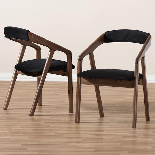 Baxton Studio Wendy Mid Century Modern Black Velvet and Walnut Medium Brown Wood Finishing Dining Chair Set of 2