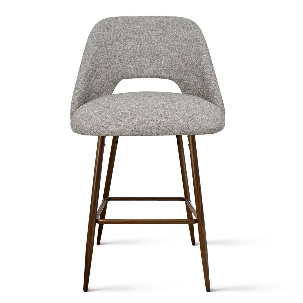 Gray Upholstered Counter Stools with Walnut Metal Legs, Set of 2