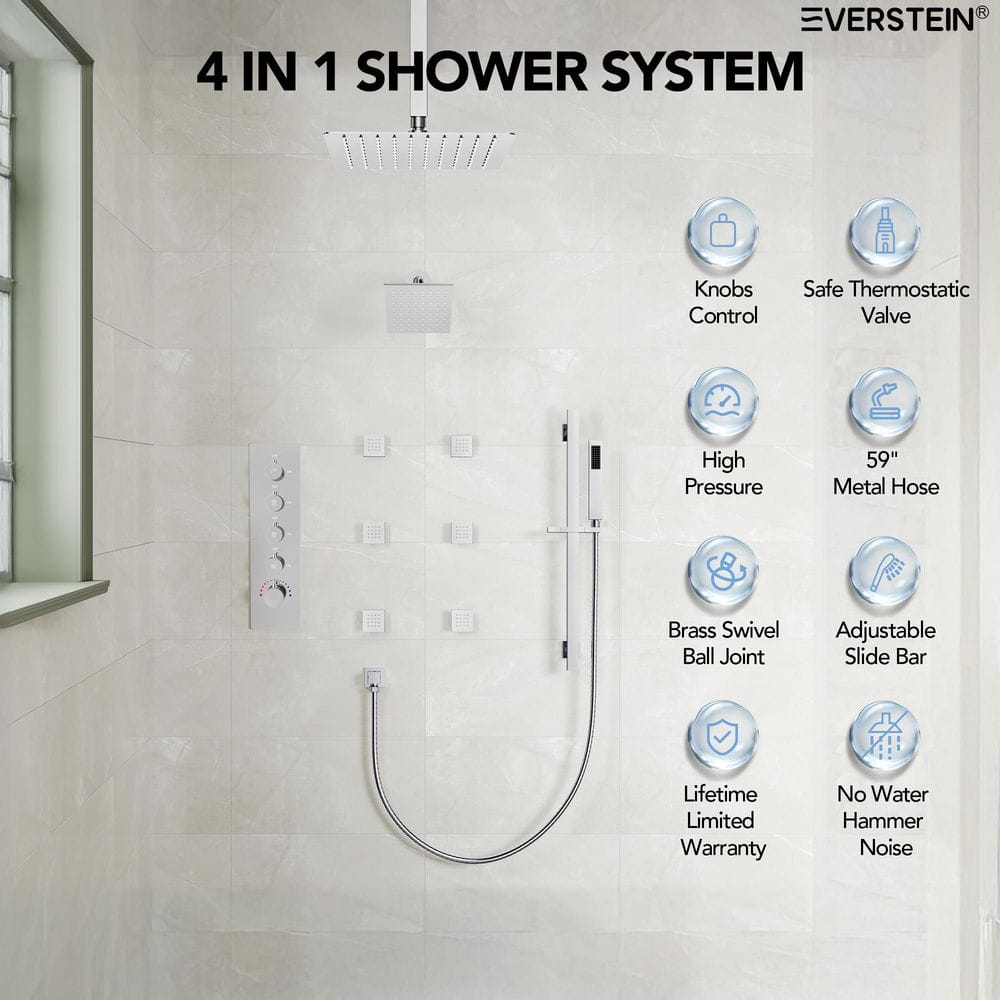 Chrome Dual Rainfall Shower System with Body Jets and Handheld