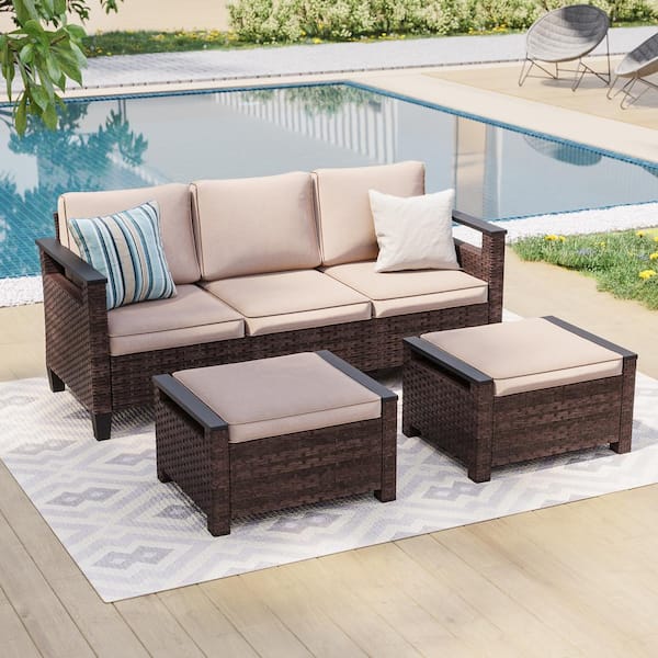3-Piece Brown Wicker Sand Cushions Patio Conversation Set Comprising a 3-Seater Sofa and 2-Ottomans