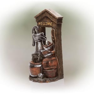 24 in. Tall Vintage Water Pump with Welcome Sign and Barrels Fountain Yard Art Decor, Multicolor