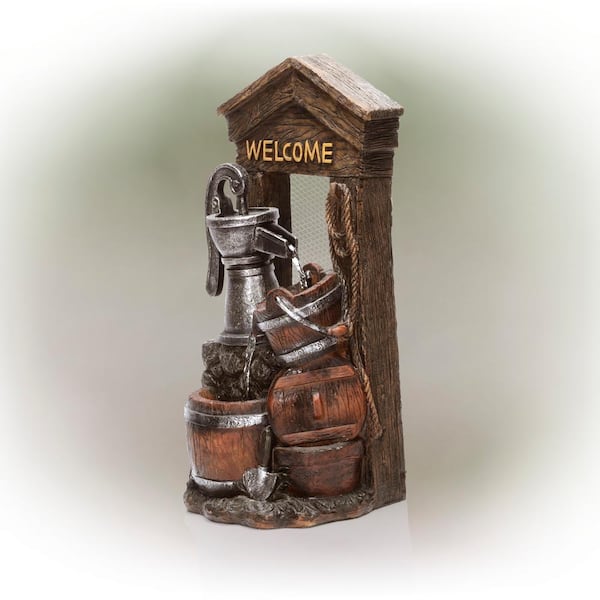 Alpine Corporation 24 in. Tall Vintage Water Pump with Welcome Sign and Barrels Fountain Yard Art Decor, Multicolor