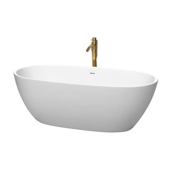Wyndham Collection Juno 67 in. Acrylic Flatbottom Bathtub in Matte White with Shiny White Trim and Brushed Gold Faucet