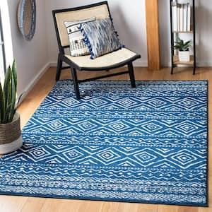 Tulum Navy/Ivory Doormat 3 ft. x 3 ft. Square Geometric Diamonds Striped Area Rug