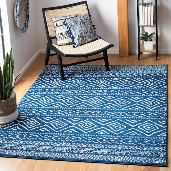 Tulum Navy/Ivory 5 ft. x 5 ft. Square Geometric Diamonds Striped Area Rug