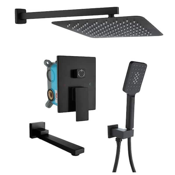 10 in. Shower Head Single-Handle 1-Spray Square High Pressure Shower Faucet with Tub Spout in Black (Valve Included)