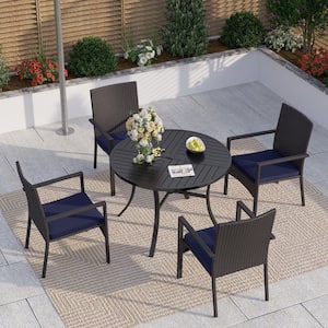 5-Piece Metal Patio Outdoor Dining Set with Round Table and Rattan Stationary Chair with Blue Cushion