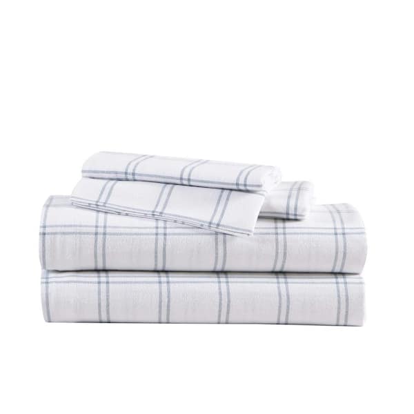 Eddie Bauer Westridge Plaid 4-Piece Blue Cotton Flannel Full Sheet Set
