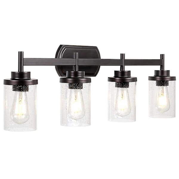 JAZAVA 30 in. 4-Light Oil Rubbed Bronze Bath Vanity Light Wall Sconce Light with Seeded Glass Shade