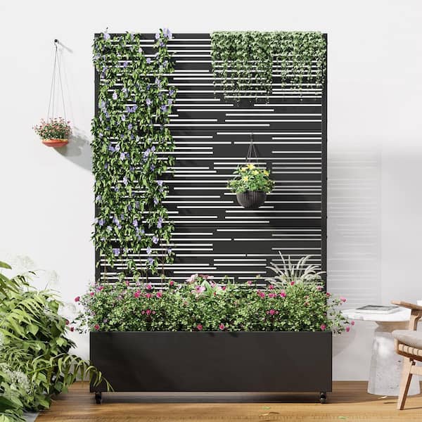 Lirago 72 in. H x 47 in. W Rectanglar Black Outdoor Metal Privacy Screen Planter Box Wall Decor in Irregular lines Pattern