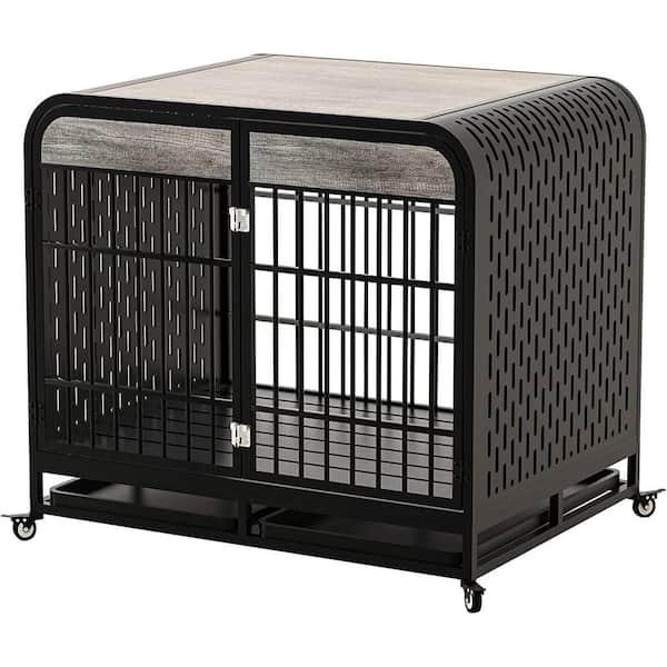 COZIWOW 40.6 in. L x 29.5 in. W x 34.2 in. H Heavy-Duty Dog Kennel with Removable Trays and Lockable Wheels, Grey