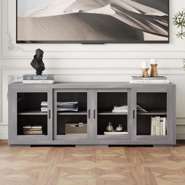 Gray Wood TV Stand Fits TVs up to 70 in. with Adjustable Shelves, Sliding Glass Doors, Waterproof Tabletop