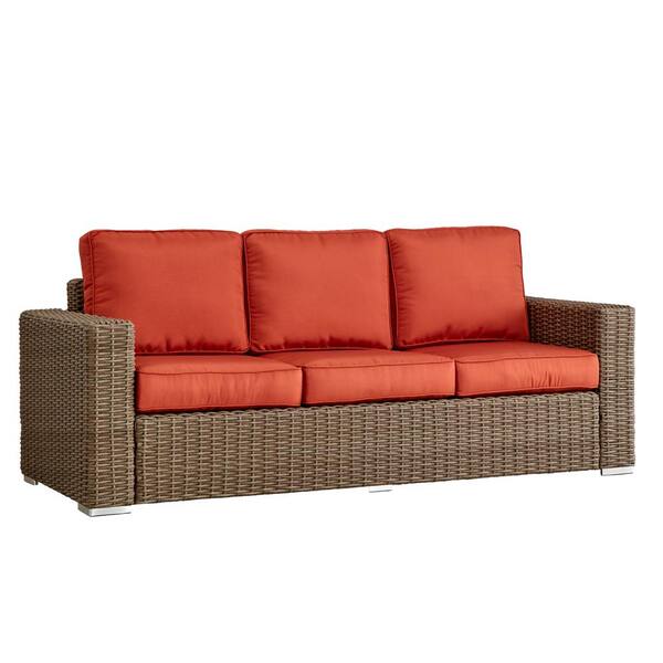 HomeSullivan Camari Mocha Square Arm Wicker Outdoor Sofa with Red Cushion