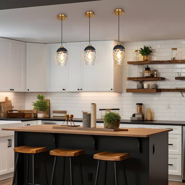 1-Light Mini Hanging Pendant Light, Black Kitchen Island Pendant Light, Brass Gold Entryway Chandelier with Water Glass