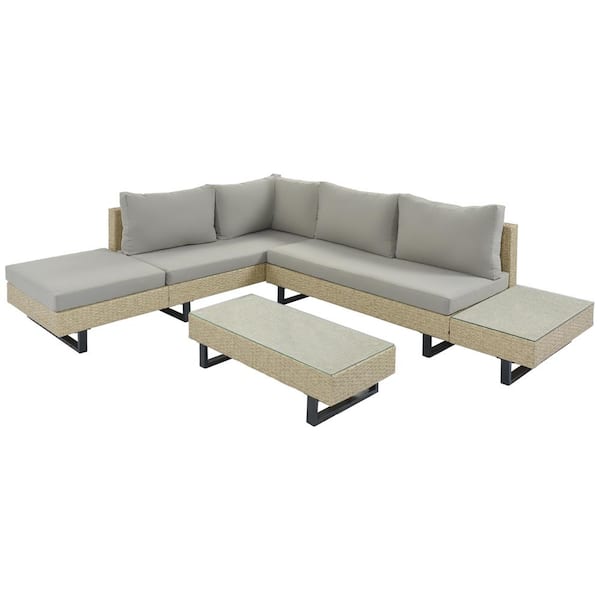Unbranded Natalie Brown 3-Pieces Wicker L-Shaped Corner Outdoor Sectional Set with Gray Cushion and Coffee Table
