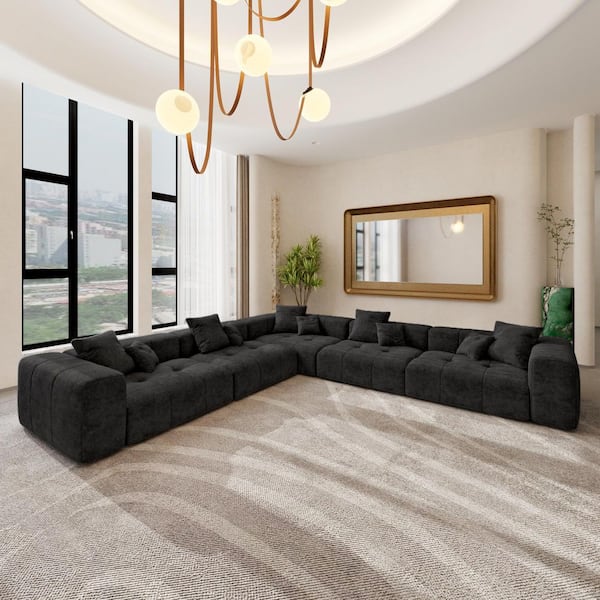 144.14 in. Oversized Linen Modular Deep Seat Sectional Sofa 5-Piece Free Combination Living Room Set in Black