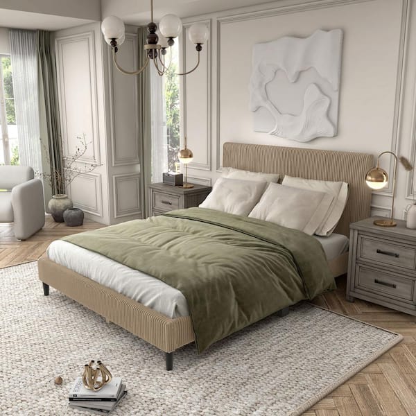 Claude Brown Wood Frame Queen Platform Bed With Removable Corduroy Cover