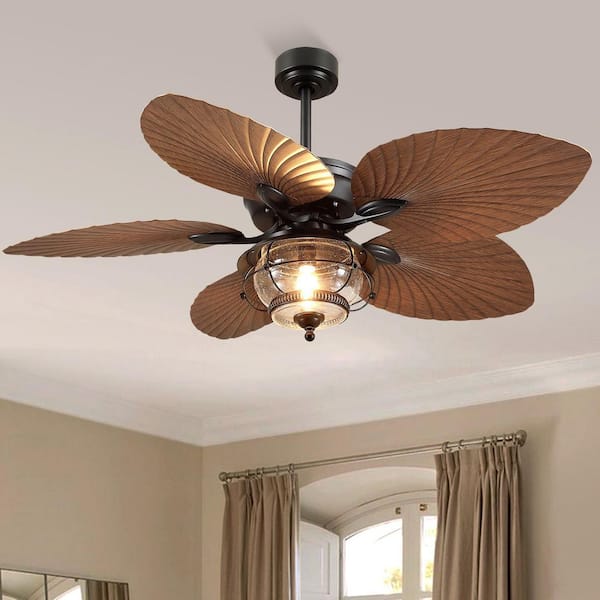 52 in. Indoor/Outdoor Downrod Brown 5 Palm Leaf Ceiling Fan with Light and Remote Wet Rated for Patios