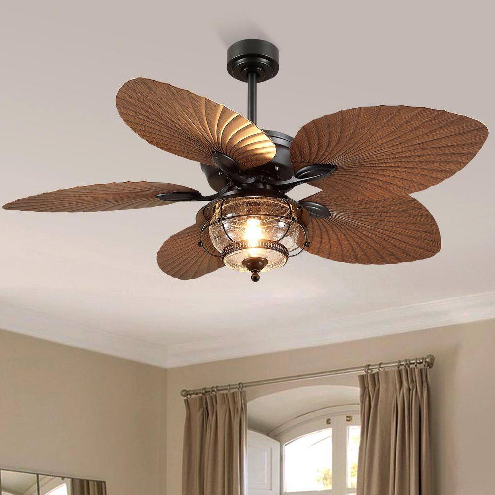 52 in. Indoor/Outdoor Downrod Palm Leaf Black Ceiling Fan with Light and Remote Wet Rated for Patios price history on PriceWatchPro