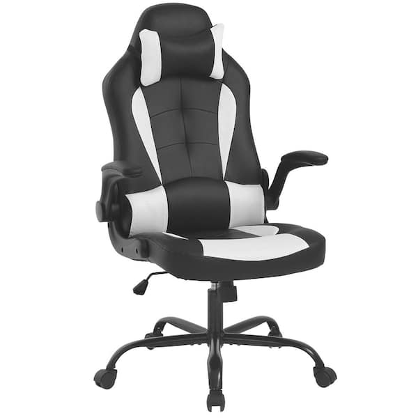 Teamson Kids Leo Faux Leather Seat Adjustable Height Reclining Ergonomic Gaming Chair in Black and White With Adjustable Arms