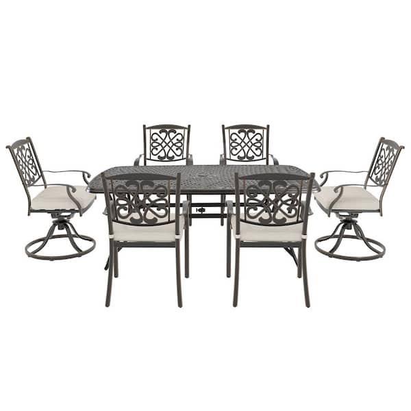 Clihome 7-Piece Cast Aluminum Outdoor Dining Set with Rectangle Dining Table and Flower-Shaped Back Chairs with Beige Cushions