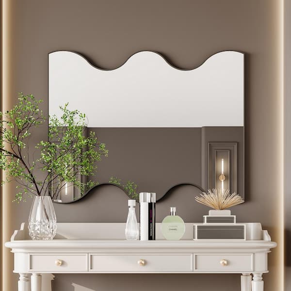 Unbranded 30 in. W x 35 in. H Rectangle Metal Framed Black Wall Decor Mirror with 2-Wavy Sides, for Living Room, Bathroom, Bedroom