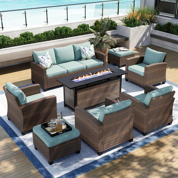 Brown Rattan Wicker 9 Seat 8-Piece Steel Outdoor Patio Conversation Set with Blue Cushions,Rectangular Fire Pit Table