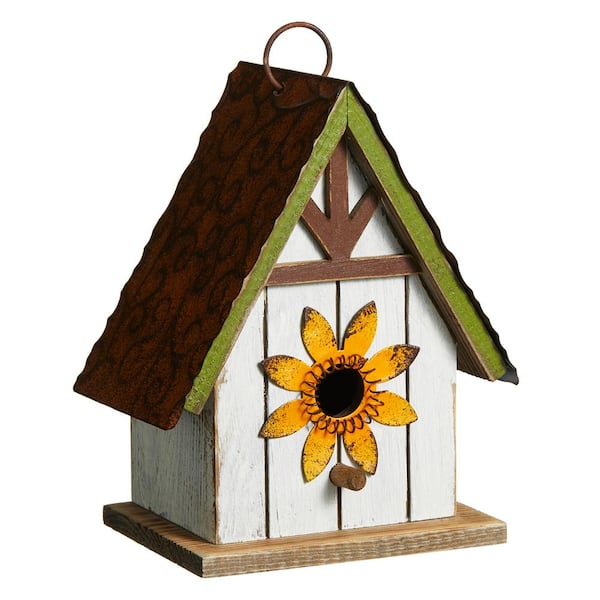 8.25"H Distressed Solid Wood Decorative Outdoor Garden Birdhouse with 3D Metal Roof and Flower