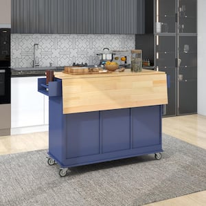 Dark Blue Foldable Drop Leaf Solid Wood Top 52.7 in. W Rolling Mobile Kitchen Island with Locking Wheels