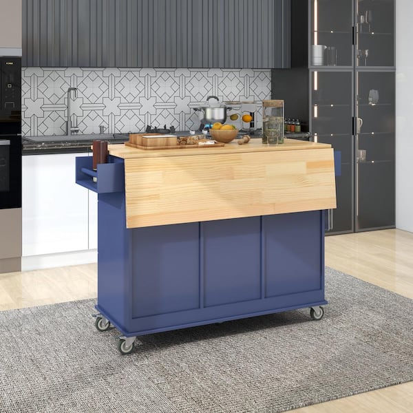 Unbranded Dark Blue Foldable Drop Leaf Solid Wood Top 52.7 in. W Rolling Mobile Kitchen Island with Locking Wheels