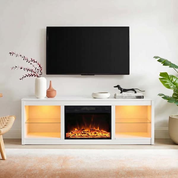 IHOMEadore 66 in. White Freestanding TV Stand Fits TVs Up to 75 in