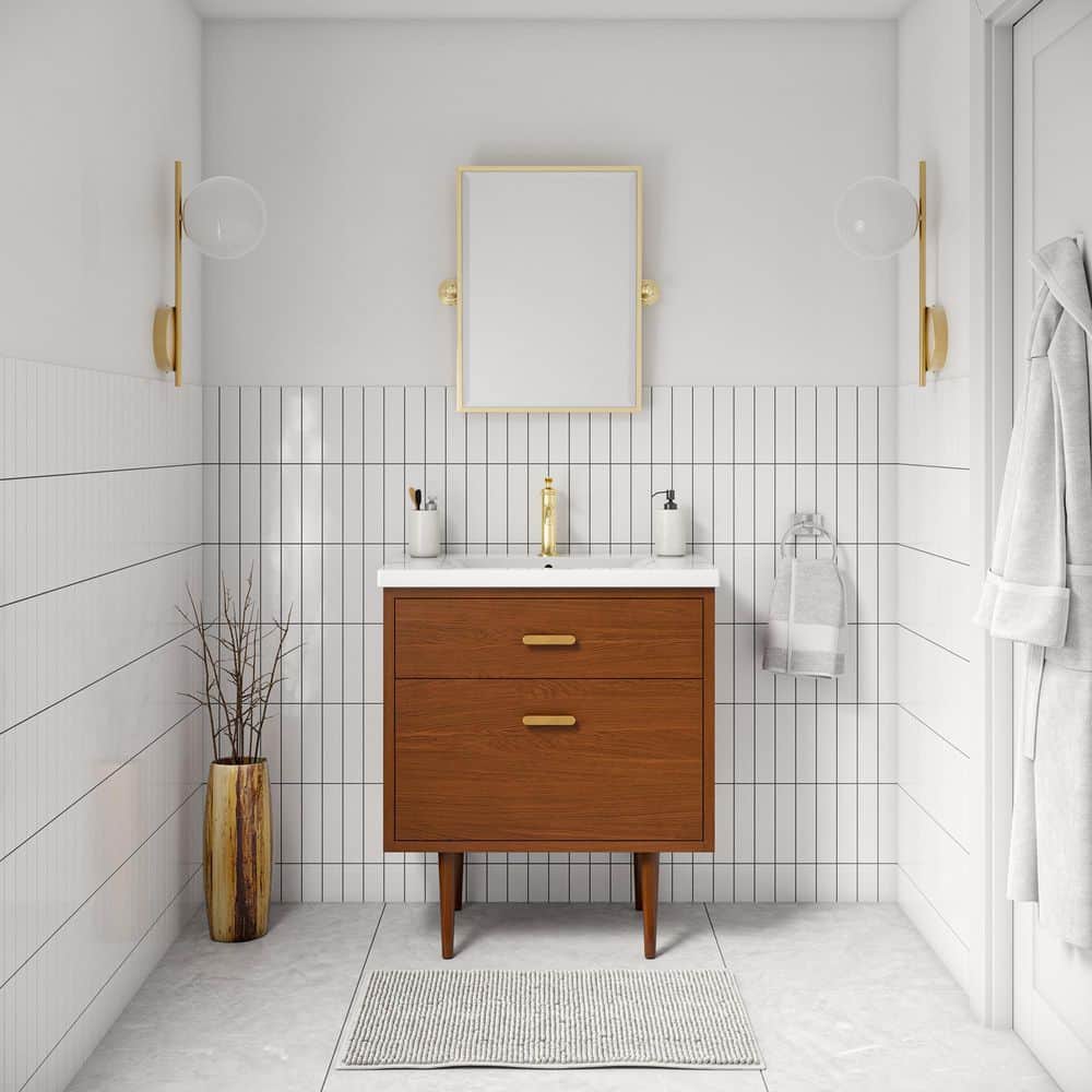 Honey Walnut 30" Freestanding Vanity with Integrated Ceramic Sink