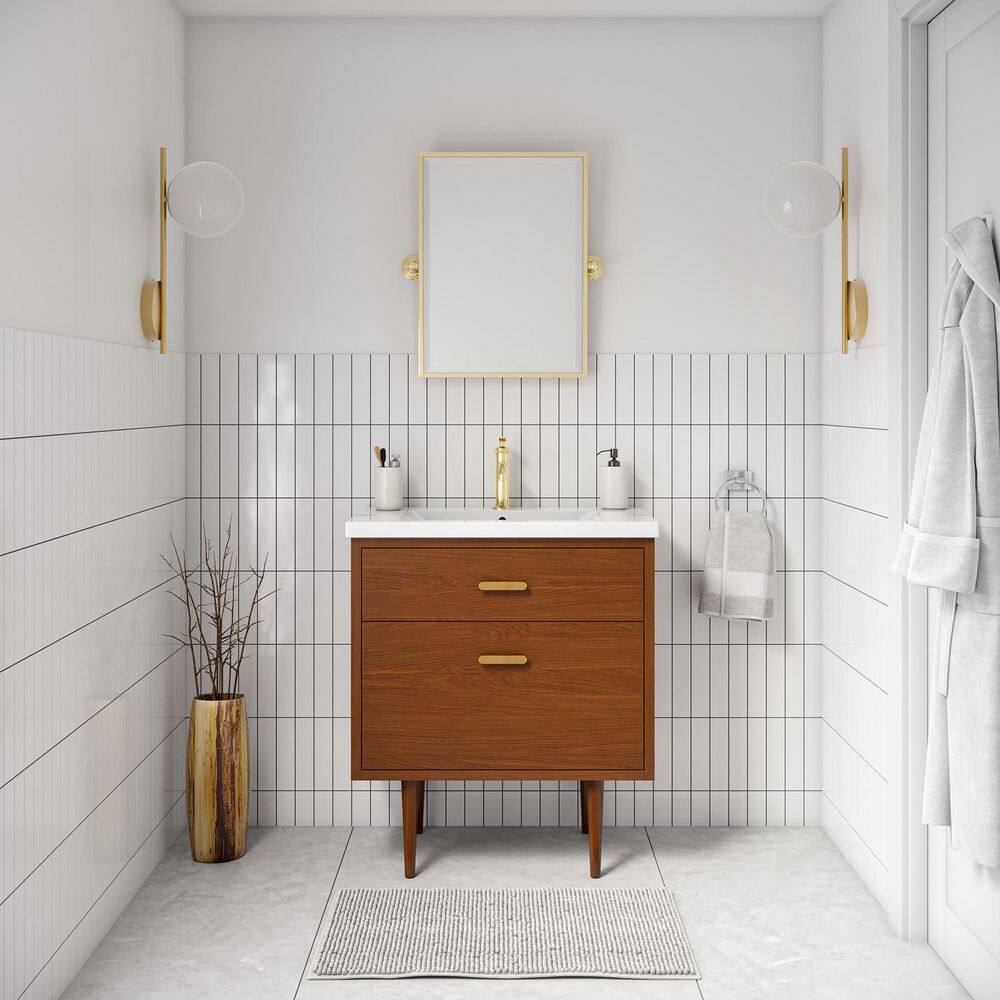 Honey Walnut 30" Freestanding Vanity with Integrated Ceramic Sink