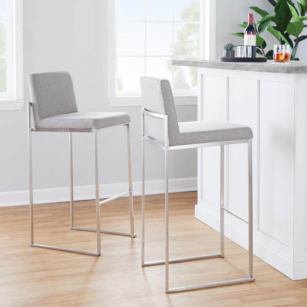 Adjustable Stainless Steel Grey Fabric High Back Barstool Set