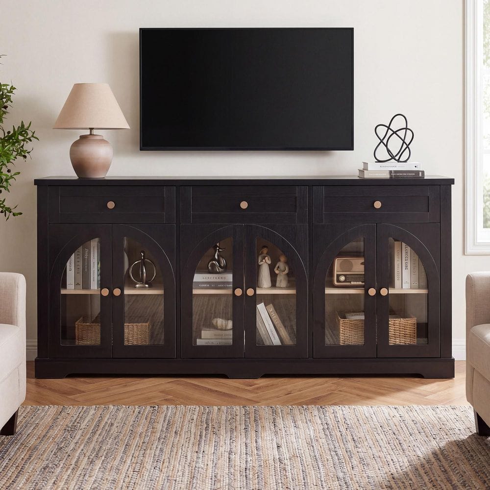 Modern 67.7 in. Black MDF Wood Buffet Sideboard Cabinet with 6 Arched Glass Doors, 3 Drawers and 3 Adjustable Shelves
