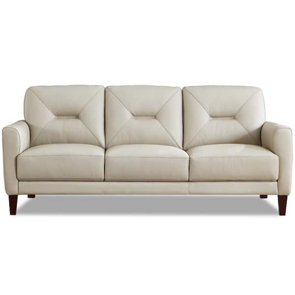 Hydeline Mavis 80 in. Square Arm Top Grain Leather Rectangle 3-Seater Sofa in. Vanilla