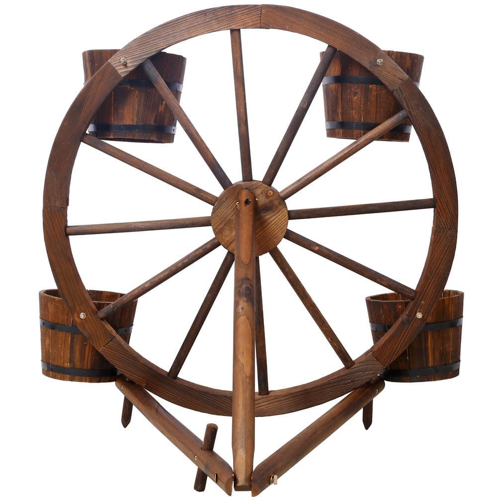 33.8 in. H Wood Wagon Wheel Barrel Planter Wagon Wheel Barrel Planter Displ