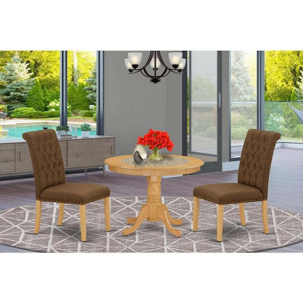 East West Furniture 3-Piece Natural Oak Finish Solid Wood Top - Round Dining Room Set - Seats 4
