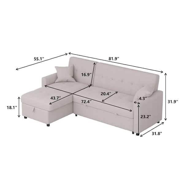 J E Home 81 9 In W Light Gray Cotton Queen Size Reversible Pull Out Sleeper 4 Seats Sectional Storage Sofa Bed