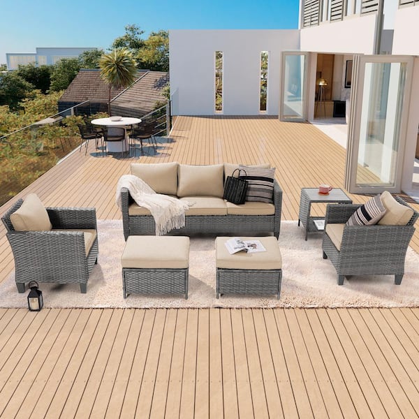 6-Piece Patio Sofa Set Gray Wicker Outdoor Furniture Set with Coffee Table, Linen Flax Beige