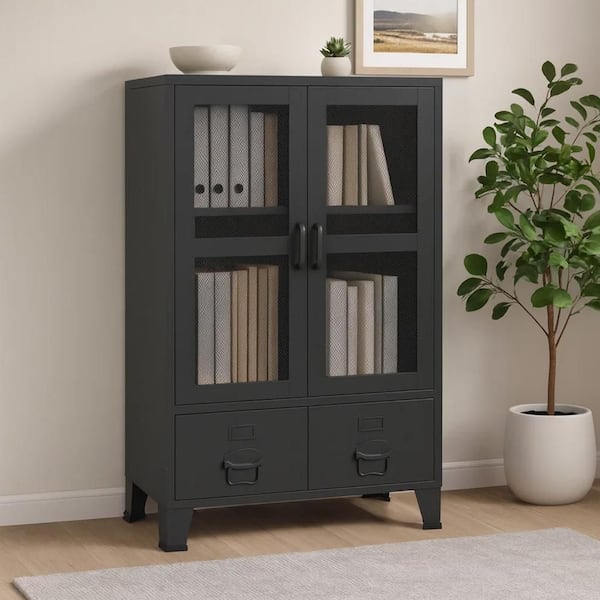 Coy Black 45.3 in. H Accent Office Storage Cabinet with 3 Shelves and 2 Drawers