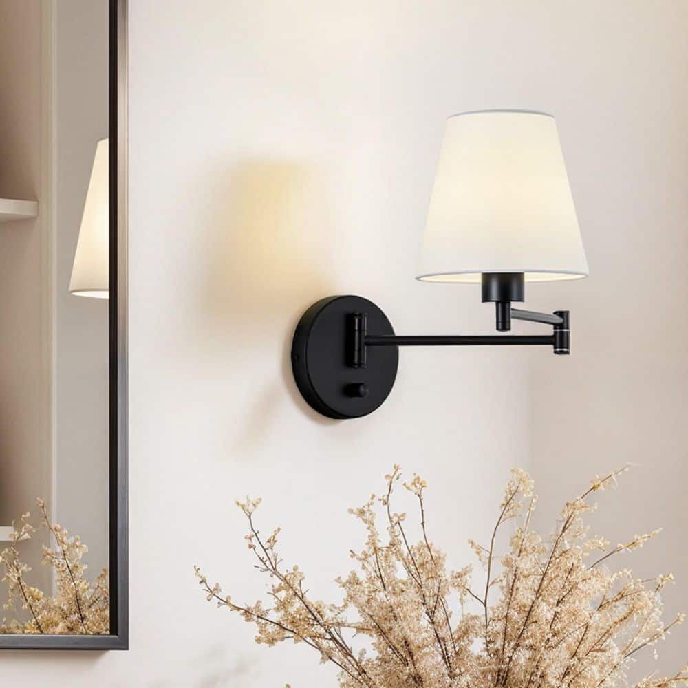 Merra Modern 1-Light Black Plug-In/Hardwired Swing Arm Wall Lamp