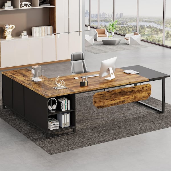 BYBLIGHT Capen 70.8 In. L Shaped Brown Wood Executive Desk With 55 In ...