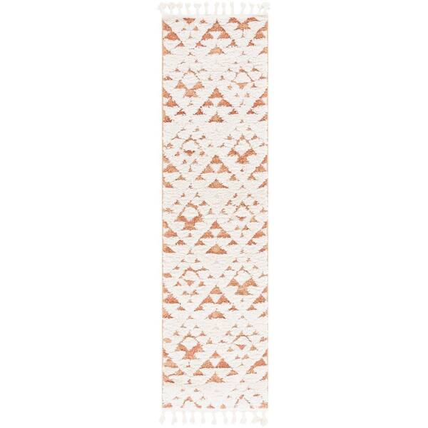Moroccan Tassel Shag 2 ft. x 12 ft. Ivory/Brick Rust Tribal Runner Rug