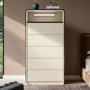 Chocolate 5-Drawer 25.9 in. Wide Bedroom Chest of Drawers with Magnetic LED Light Strip, Diamond Stitching