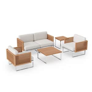 Monterey 4-Seater 5-Piece Stainless Steel Teak Outdoor Patio Conversation Set With Canvas Natural Cushions